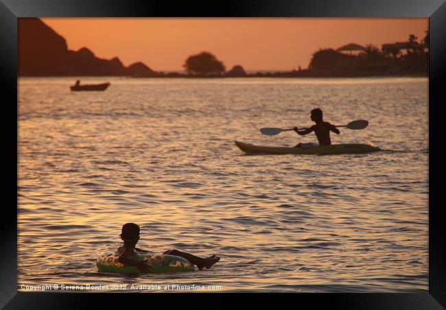 Kayak and Inflatable Ring at Sunset Palolem, Goa,  Framed Print by Serena Bowles