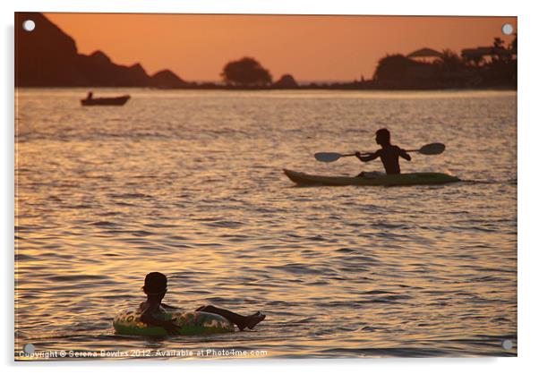 Kayak and Inflatable Ring at Sunset Palolem, Goa,  Acrylic by Serena Bowles