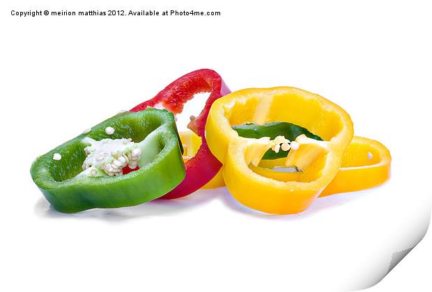 colourful sliced peppers Print by meirion matthias