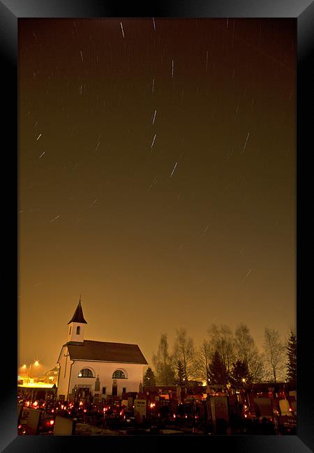 Star trails behind Vodice chapel Framed Print by Ian Middleton