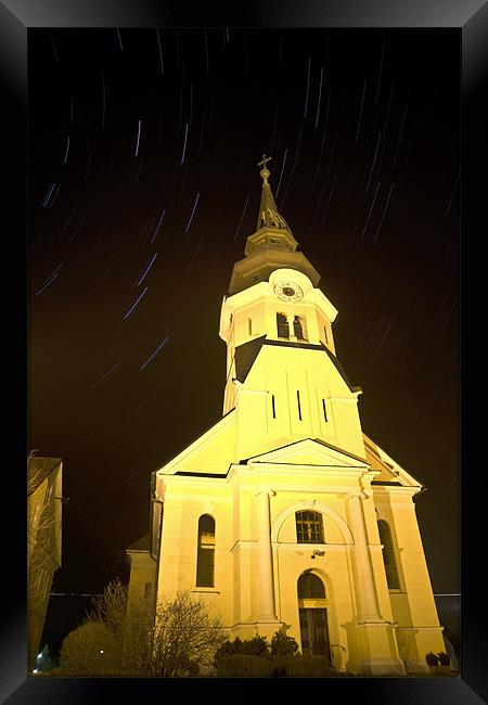 Star trails behind Vodice Church Framed Print by Ian Middleton