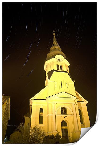 Star trails behind Vodice Church Print by Ian Middleton