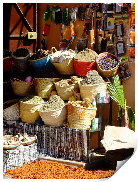 Spice market stall in Morocco Print by Emma Finbow