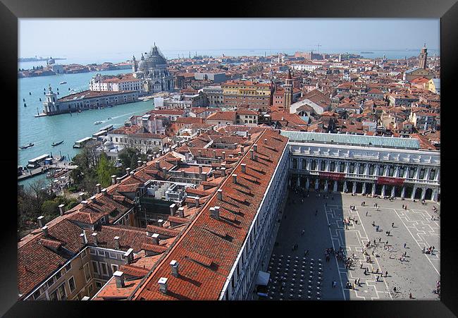 Piazza San Marco and Venice skyline, panoramic vie Framed Print by Linda More