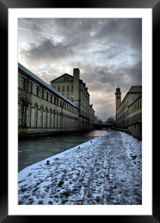 salts mill icey cold walk a long leeds liverpool c Framed Mounted Print by simon sugden