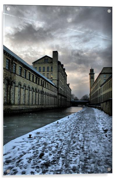 salts mill icey cold walk a long leeds liverpool c Acrylic by simon sugden