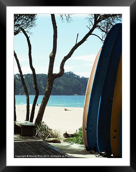 Surfboards and beach Framed Mounted Print by Mandy Rice
