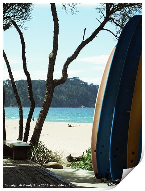 Surfboards and beach Print by Mandy Rice