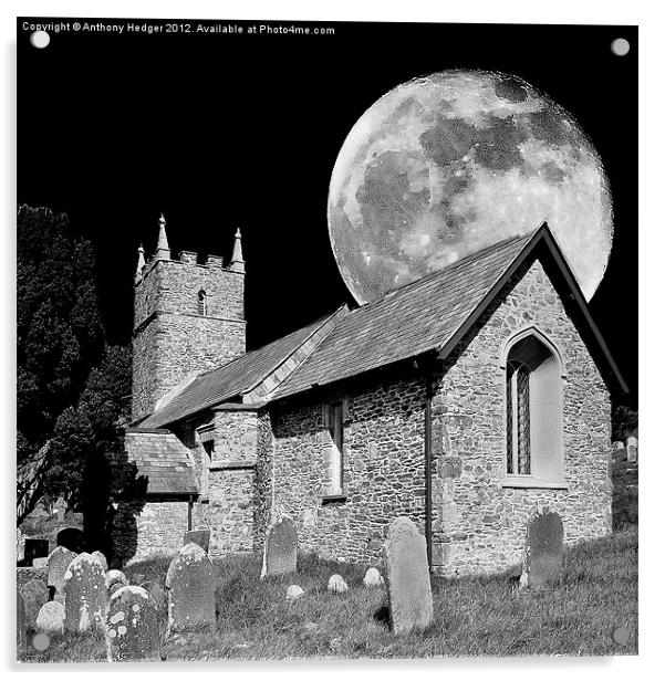 The Old Church and moon Acrylic by Anthony Hedger
