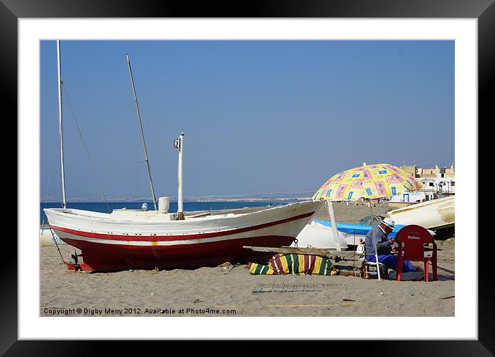 Boat & Umbrella Framed Mounted Print by Digby Merry