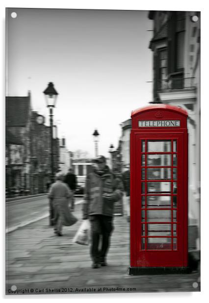 Red telephone box on a Black and white background Acrylic by Carl Shellis