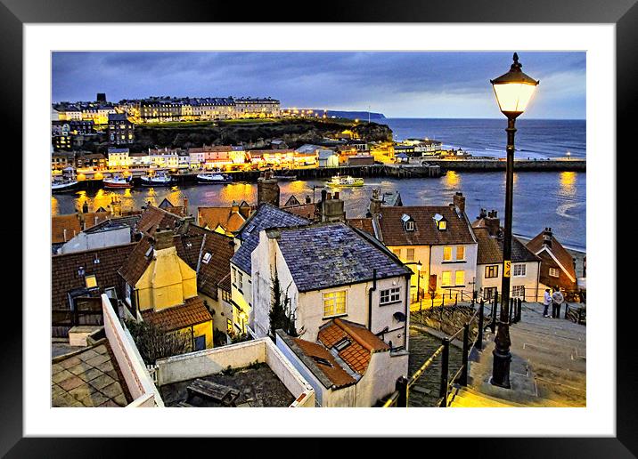 Dusk Glows Over Whitby Town from the 199 Steps Framed Mounted Print by Paul M Baxter