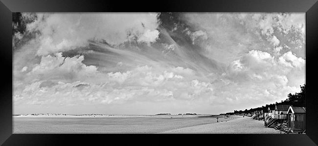Wells Beach Huts Panoramic Mono Framed Print by Paul Macro