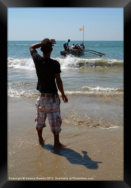 Watching the Boat Leave Palolem Beach Framed Print by Serena Bowles