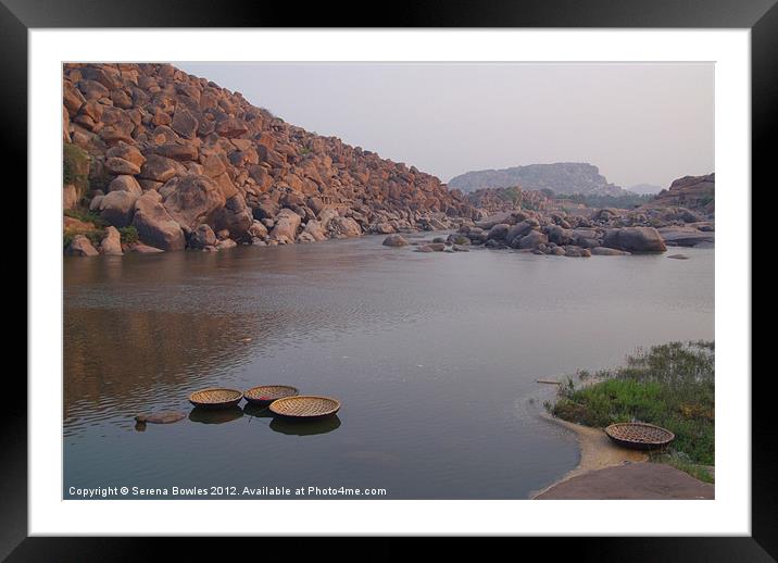 Coracles on the Tungabhadra River, Hampi Framed Mounted Print by Serena Bowles