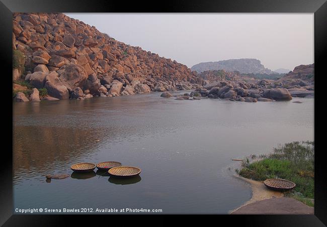 Coracles on the Tungabhadra River, Hampi Framed Print by Serena Bowles
