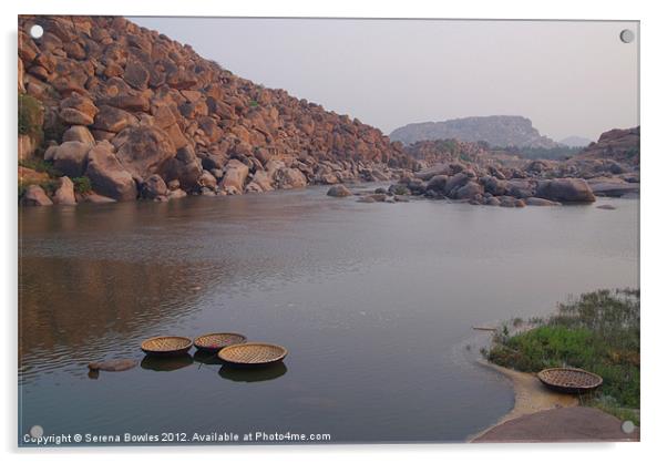 Coracles on the Tungabhadra River, Hampi Acrylic by Serena Bowles