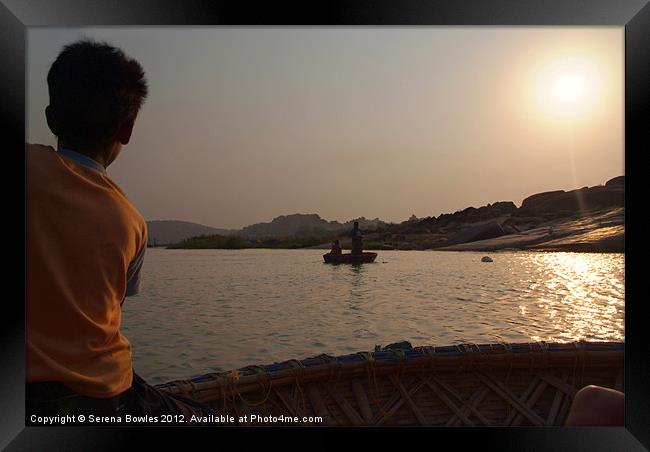 Young Boy Rowing Coracle On Tungabhadra River Framed Print by Serena Bowles