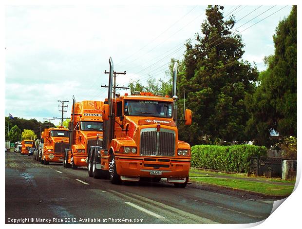 Orange trucks in a row Print by Mandy Rice