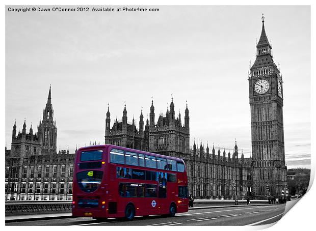 London Bus on  black and white Westminster Print by Dawn O'Connor