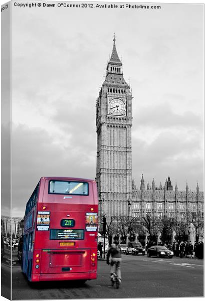 Red London Bus at Westminster Canvas Print by Dawn O'Connor