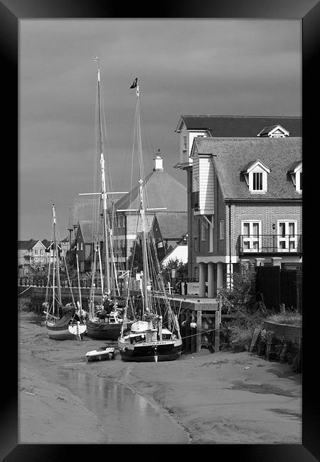 Faversham Creek and Thames Barges  bw Framed Print by David French