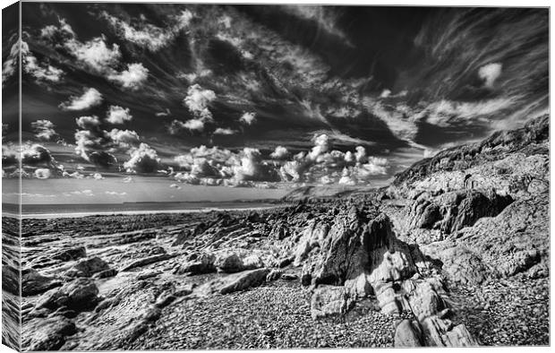 Manorbier Rocks Too mono Canvas Print by Steve Purnell