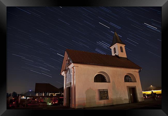 Star trails behind Vodice chapel Framed Print by Ian Middleton