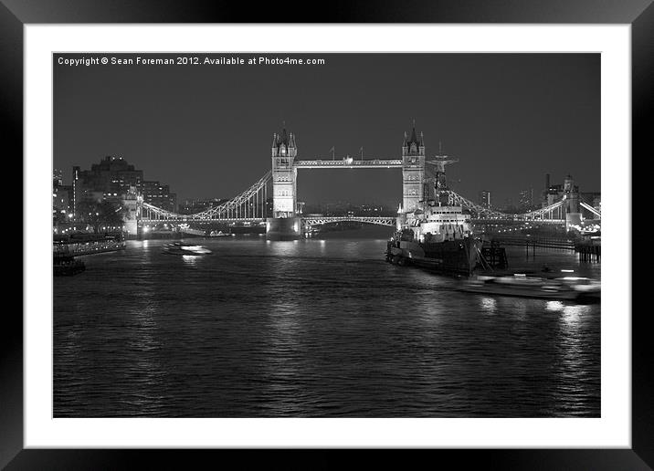Tower Bridge and HMS Belfast black and white Framed Mounted Print by Sean Foreman
