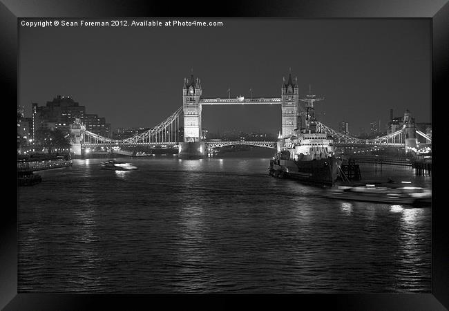 Tower Bridge and HMS Belfast black and white Framed Print by Sean Foreman