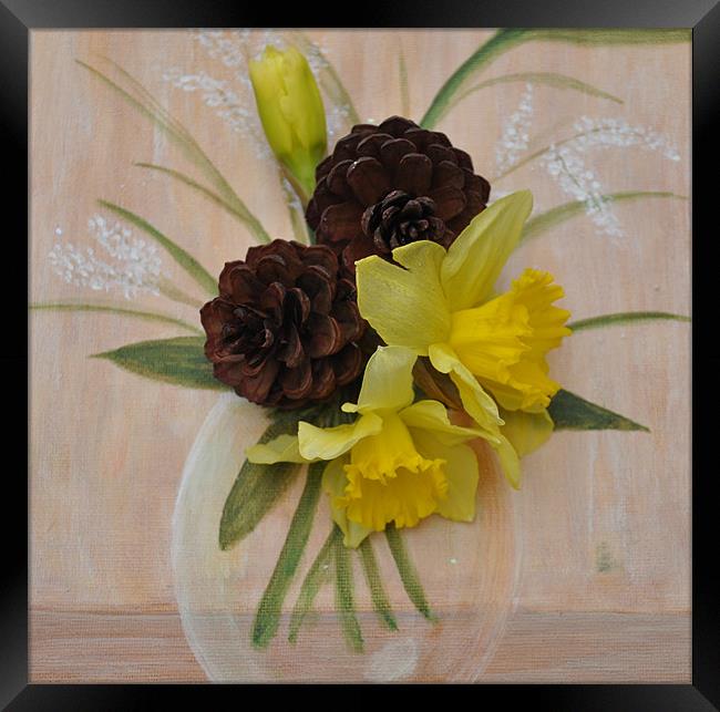 daffs and pine cones 3D Framed Print by sue davies