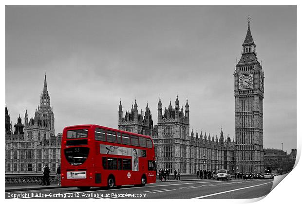 Big Ben and Red London Bus Print by Alice Gosling
