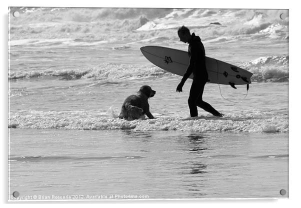 One Surfer And His Dog Acrylic by Brian Roscorla