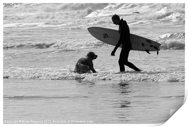 One Surfer And His Dog Print by Brian Roscorla