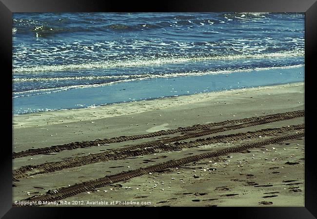 Tyre tracks on beach Framed Print by Mandy Rice