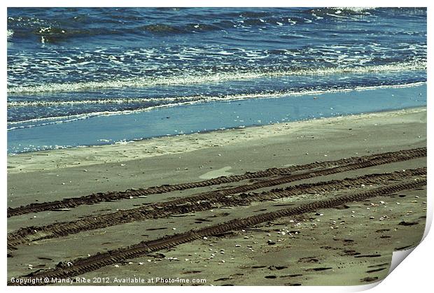 Tyre tracks on beach Print by Mandy Rice