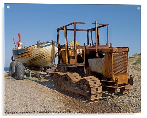 Rusty Caterpillar Beach Tractor with Fishing Boat  Acrylic by john hartley