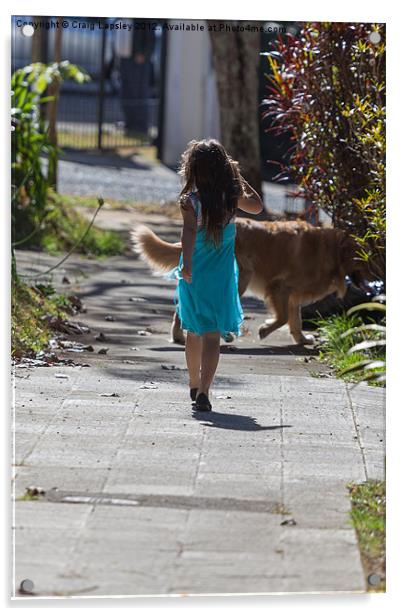 young girl walking her dog Acrylic by Craig Lapsley