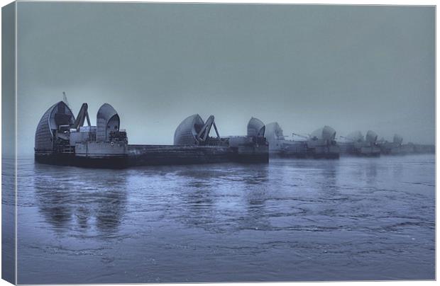 Thames barrier in the fog Canvas Print by Sara Messenger