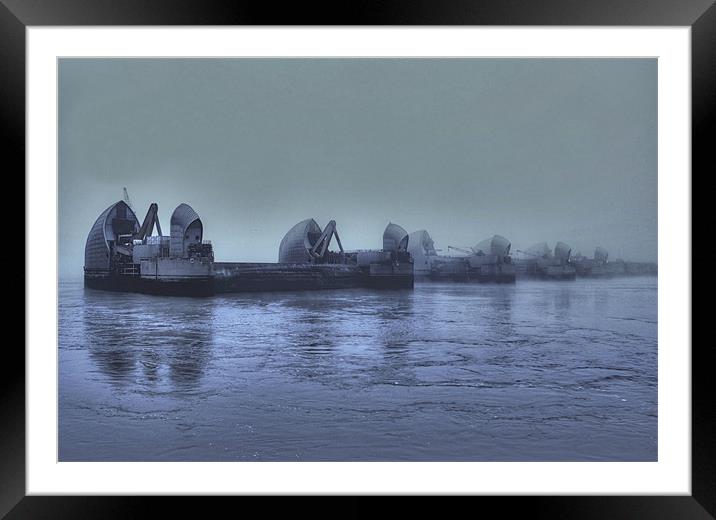 Thames barrier in the fog Framed Mounted Print by Sara Messenger