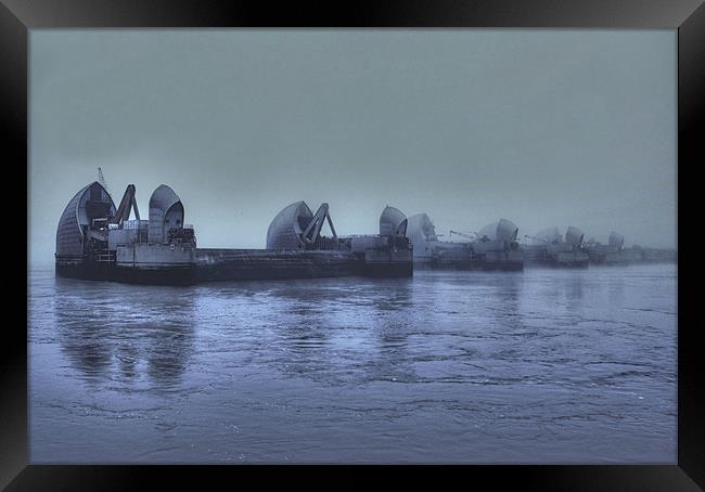 Thames barrier in the fog Framed Print by Sara Messenger