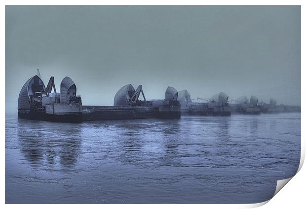 Thames barrier in the fog Print by Sara Messenger