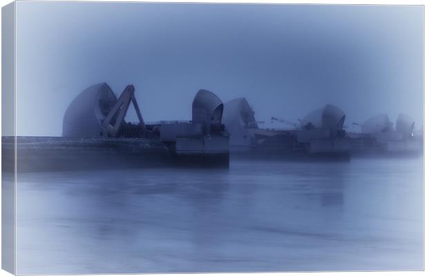 Misty Morning over Thames Barrier Canvas Print by Dean Messenger