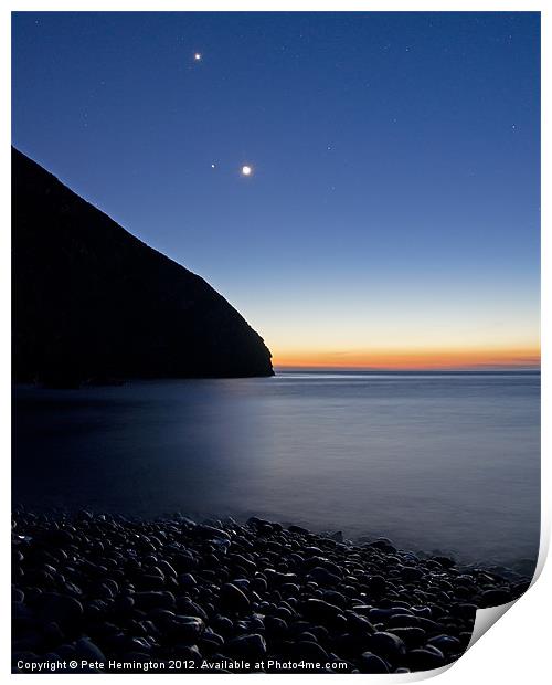 Moon and stars at Heddons Mouth Print by Pete Hemington