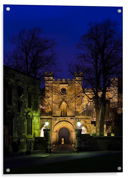 Durham castle Gate at night. Acrylic by Kevin Tate