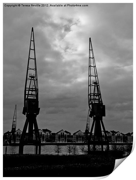 Cranes at London Docklands Print by Teresa Neville