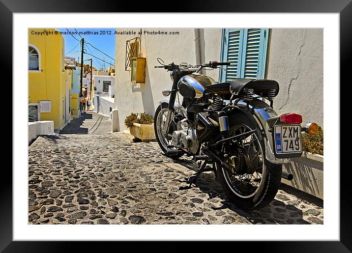 royal enfield in greece Framed Mounted Print by meirion matthias