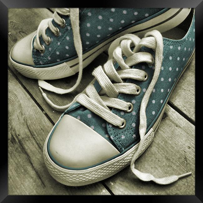 polka dot sneakers (vintage blue) Framed Print by Heather Newton