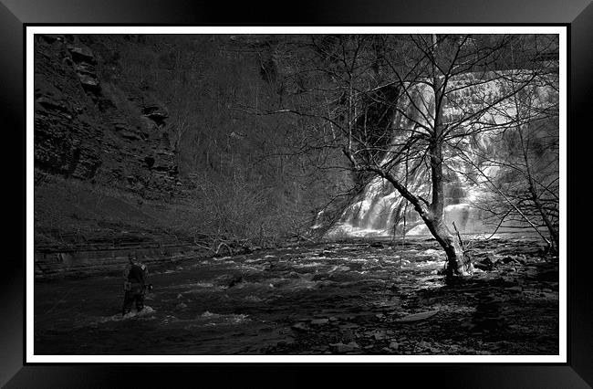 A spot of fishing at Ithaca Falls, New York Framed Print by pauline morris