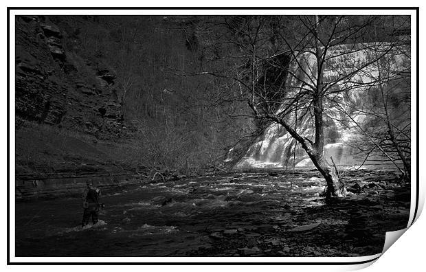 A spot of fishing at Ithaca Falls, New York Print by pauline morris